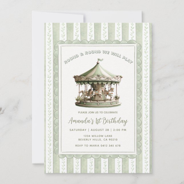 Invitación Carrusel Verde Salvia Cumpleaños Fiesta  (Anverso)