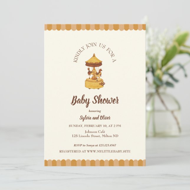 Invitación Carrustico lindo ducha de bebé neutro de género (Anverso de pie)