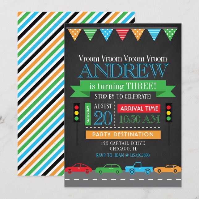 Invitación Cars Chalkboard Birthday Party (Anverso / Reverso)