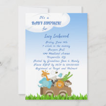Cart of Jungle Babies Baby Boy Shower Invitation