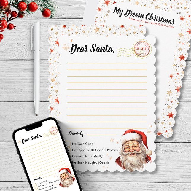 Invitación Carta a la actividad de dibujo de Santa para Navid (Letter to Santa Drawing Activity for kid Christmas dear santa claus wish red gold star creative)