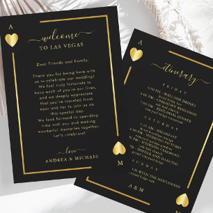 Invitación Carta de bienvenida de Boda negro dorado con tarje