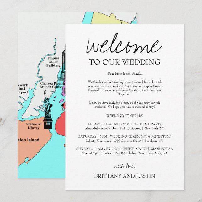 Invitación Carta de bienvenida de caligrafía británica y mapa (Anverso / Reverso)