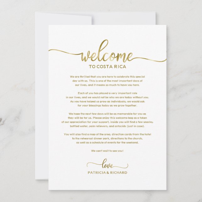 Invitación Carta de bienvenida y itinerario de fin de semana  (Anverso)