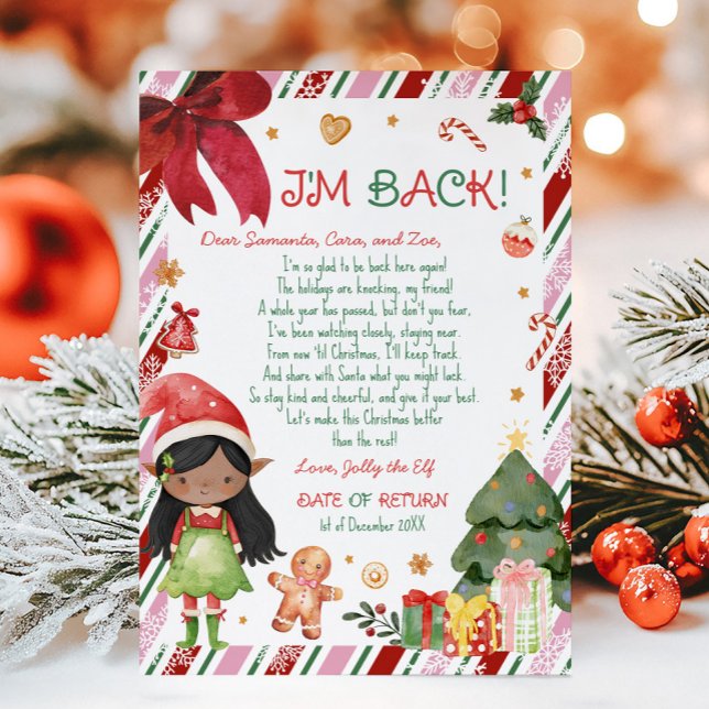 Invitación Carta de carta de elfa de Navidad (Christmas Dark Black Hair Dark Brown Girl Letter from Elf Letter Card)