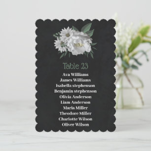 Invitación carta de cartas de asientos negros con flores blan