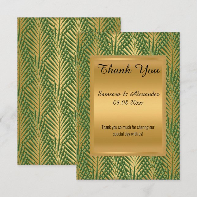 INVITACIÓN CARTA DE GRACIAS METALIZADAS VERDES DE ORO (Anverso / Reverso)