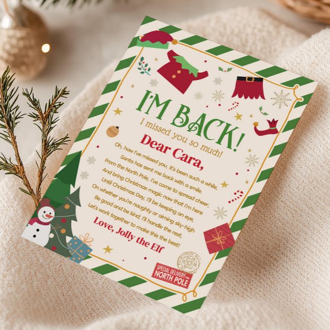 Invitación Carta de llegada de elfo de Navidad (I'm Back Letter from Elf Christmas Arrival Letter Card)