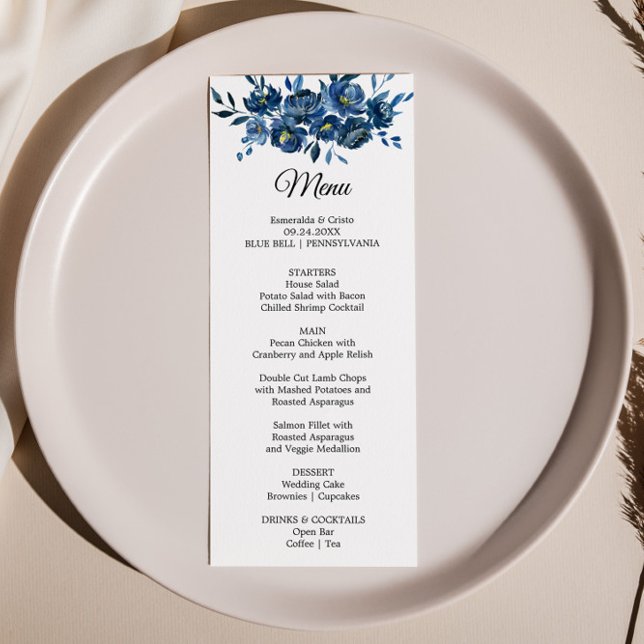 Invitación Carta de menú de cena floral azul moderna (Subido por el creador)