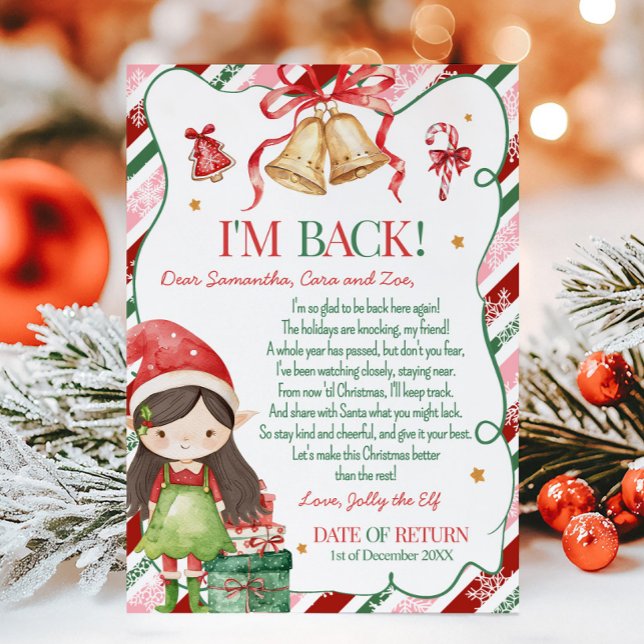 Invitación Carta de Navidad de la niña elfa (Letter from Elf Christmas Dark Brown Hair Light Girl Letter Card )
