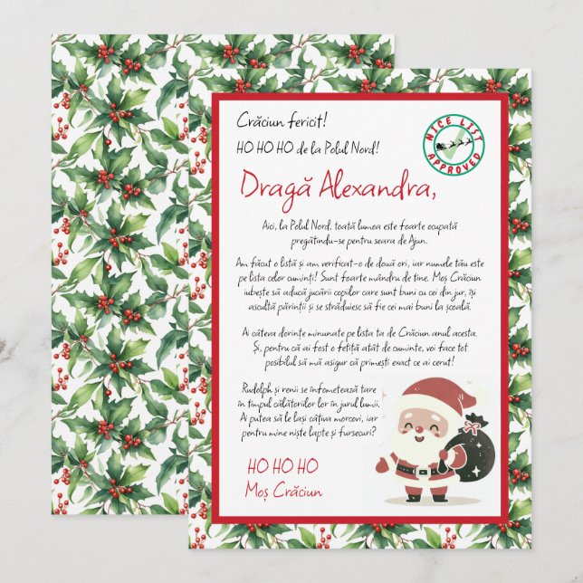 Invitación Carta de Santa Claus Holly Berry (Anverso / Reverso)
