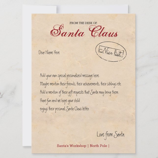 Invitación Carta Del Escritorio De Santa Personalizada (Anverso)