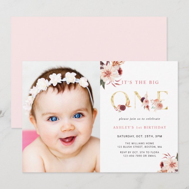 Invitación Carta dorada floral elegante foto de primer cumple (Anverso / Reverso)