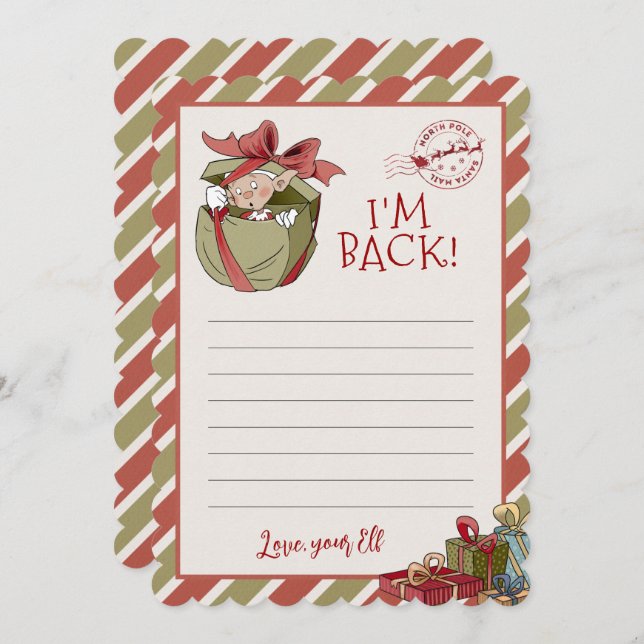 Invitación Carta Elf "I'm Back" Notecards editables (Anverso / Reverso)