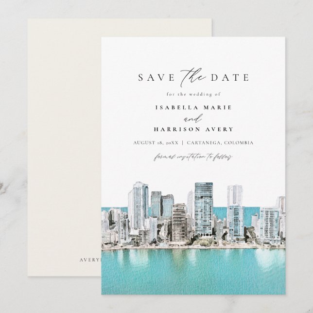 Invitación CARTANEGA Colombia acuarela Save the Date (Anverso / Reverso)