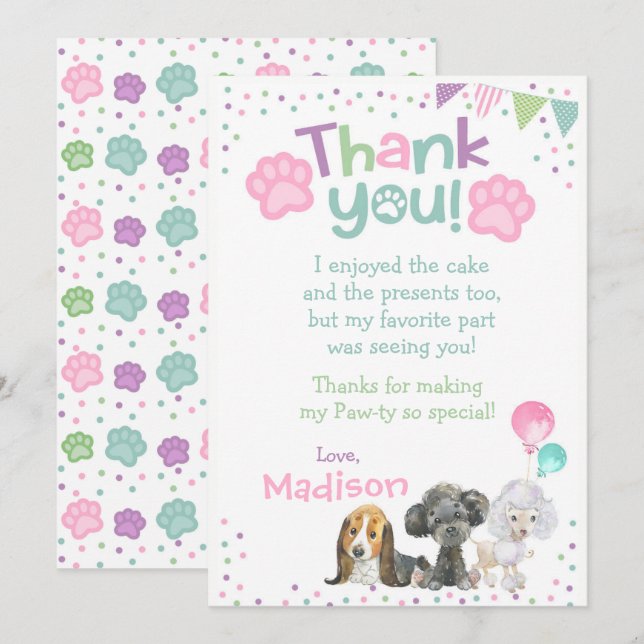 Invitación Cartas de agradecimiento por cumpleaños de cachorr (Anverso / Reverso)