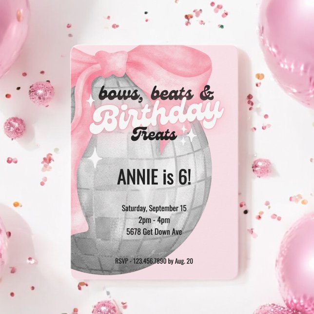 Invitación Cartas de burbuja rosado Bow Disco Ball Cumpleaños (Subido por el creador)