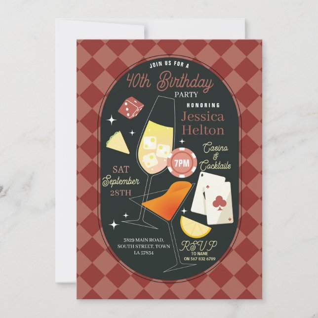 Invitación Cartas de Dados de Cumpleaños de Cócteles de Casin (Anverso)