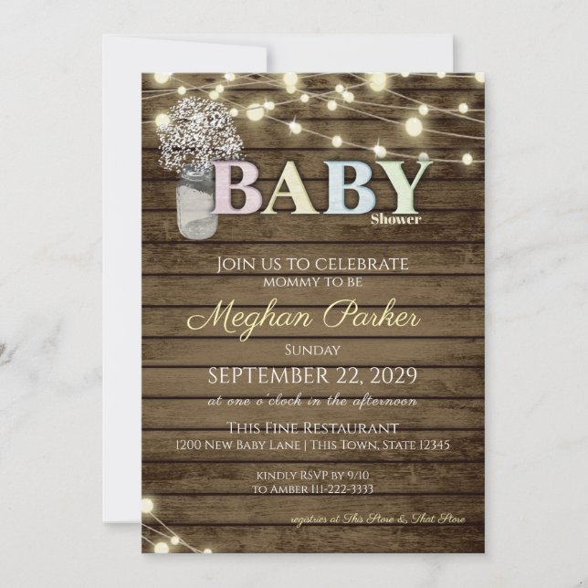 Invitación Cartas de madera rusticas de Baby Shower y la resp (Anverso)