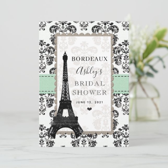 Invitación Cartas de mesa de la Torre Eiffel de Mint Green (Anverso de pie)