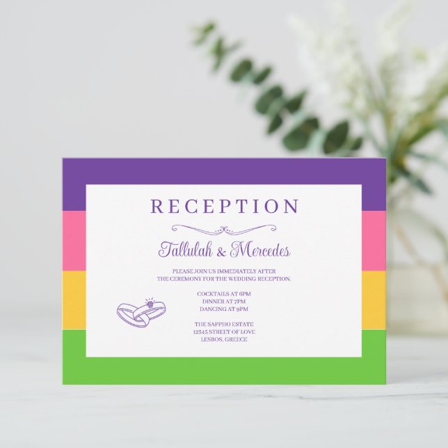 Invitación Cartas de recepción de bodas con bandera lésbica (Anverso de pie)