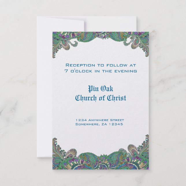 Invitación Cartas de recepción de bodas de paisley Peacock Co (Reverso)