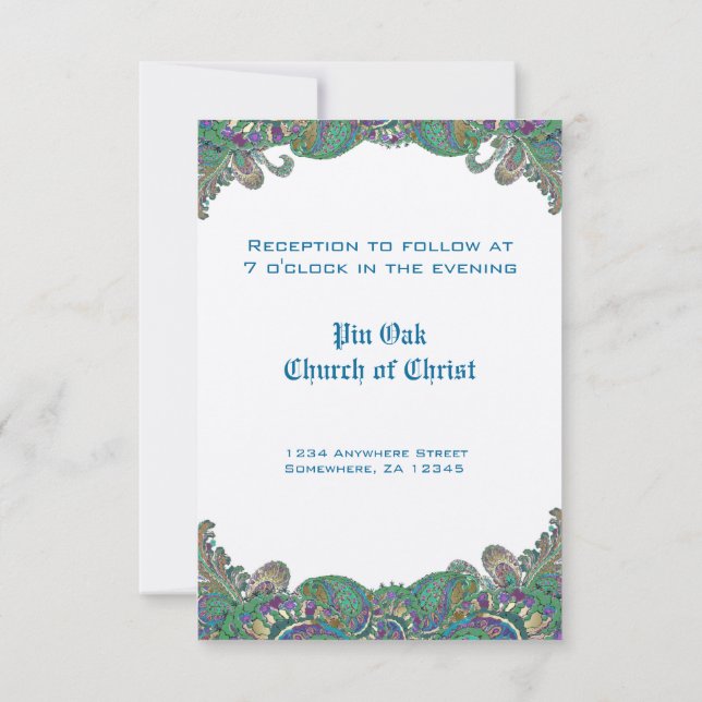 Invitación Cartas de recepción de bodas de paisley Peacock Co (Reverso)