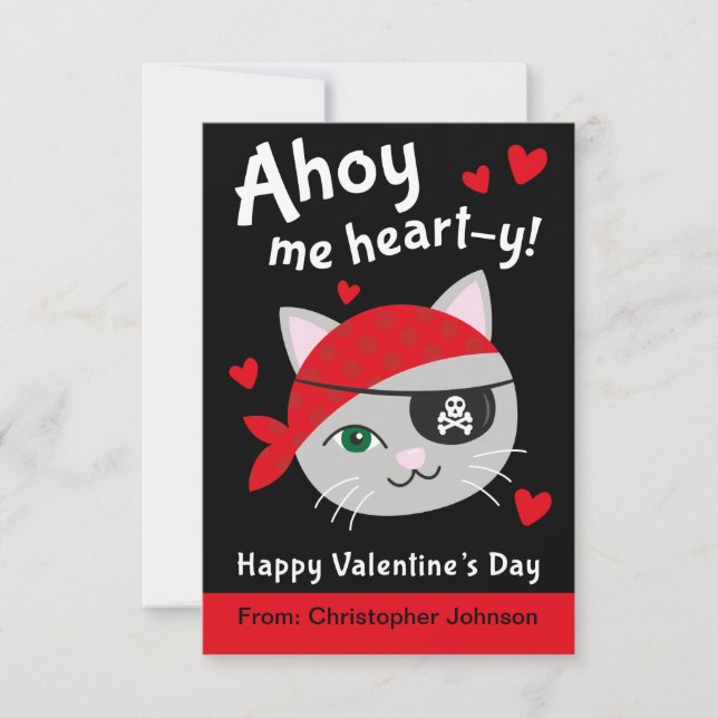 Invitación Cartas de San Valentín de gato pirata para niños (Anverso)