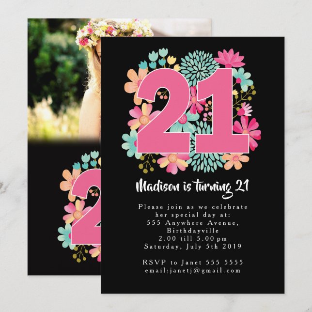 Invitación Cartas fotográficas de Boho Floral 21st Birthday i (Anverso / Reverso)