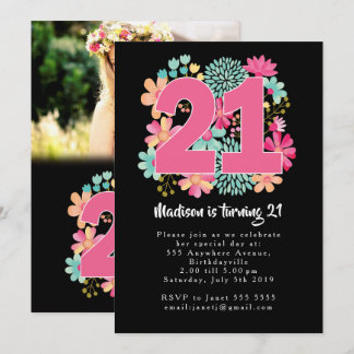 Invitación Cartas fotográficas de Boho Floral 21st Birthday i