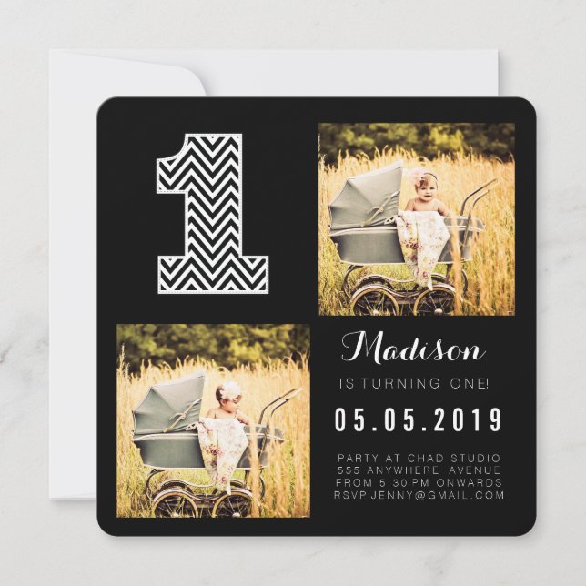Invitación Cartas fotográficas de cumpleaños 1 de Chevron bla (Anverso)