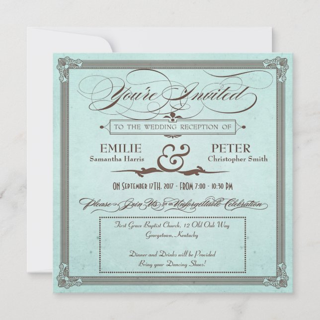 Invitación Cartel Antiguo Azul y Marrón Solo Recepción (Anverso)