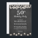 Invitación Cartel blanco negro de cumpleaños 50 personalizado<br><div class="desc">Un elegante y moderno cumpleaños personalizado invita a la estrella del fiesta. Simple invitación de fiesta de 50 años en blanco y negro con brillantes luces de cadena de estrellas,  un nombre de tipo serif clásico contrastado con un encantador tipo de script. Personalizar para un hombre o una mujer.</div>