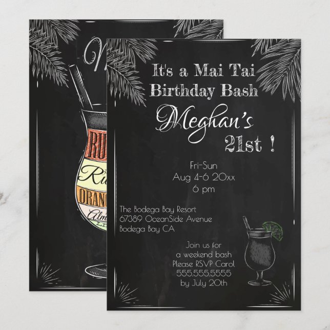 Invitación Cartel blanco y negro 21º cumpleaños Mai Tai (Anverso / Reverso)
