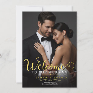 Invitación Cartel de bienvenida de boda con foto dorada elega