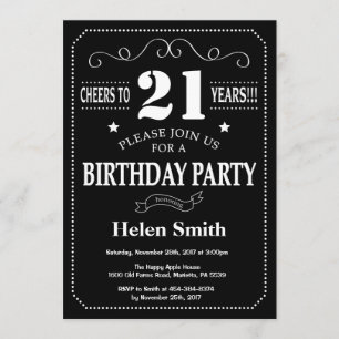 Invitación Cartel de cumpleaños 21 negro y blanco