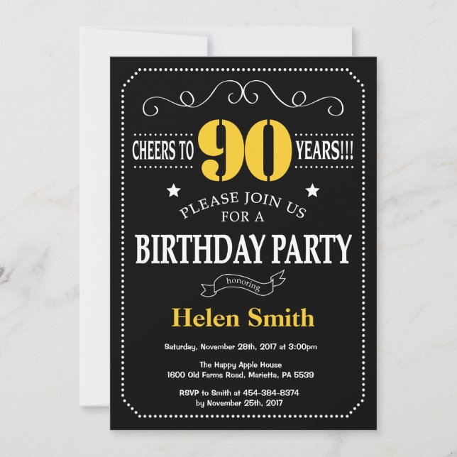 Invitación Cartel de cumpleaños 90 negro y amarillo (Anverso)