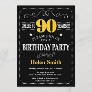 Invitación Cartel de cumpleaños 90 negro y amarillo