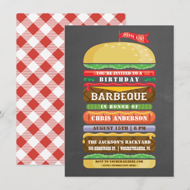 Invitación Cartel de cumpleaños de hamburguesa apilado BBQ Ch (Anverso / Reverso)