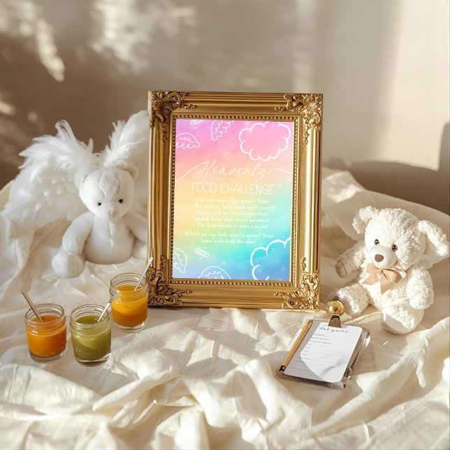 Invitación Cartel de Juego de Desafío de Comida para Bebés Ar (Heavenly Rainbow Baby Food Challenge Game Sign)