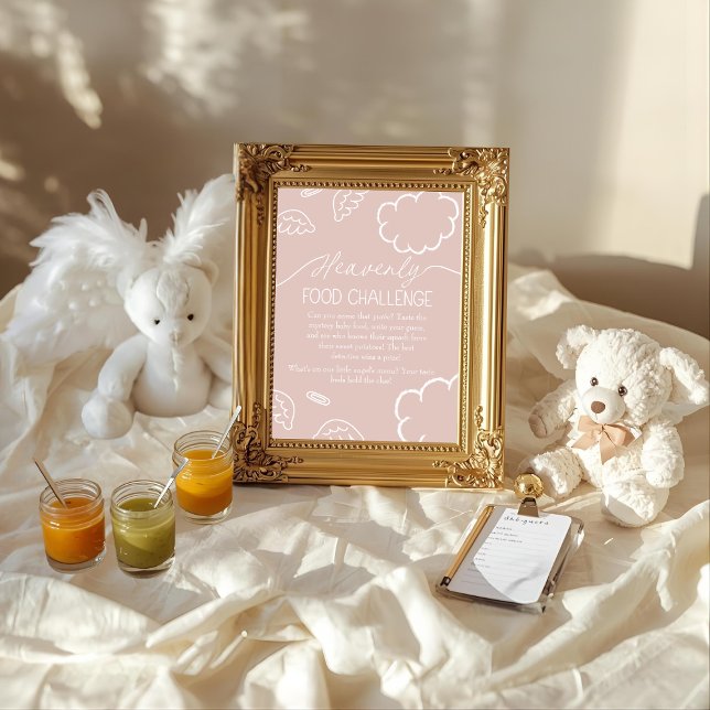 Invitación Cartel de Juego de Reto de Comida para Bebé Rosa C (Heavenly Pink Baby Food Challenge Game Sign)