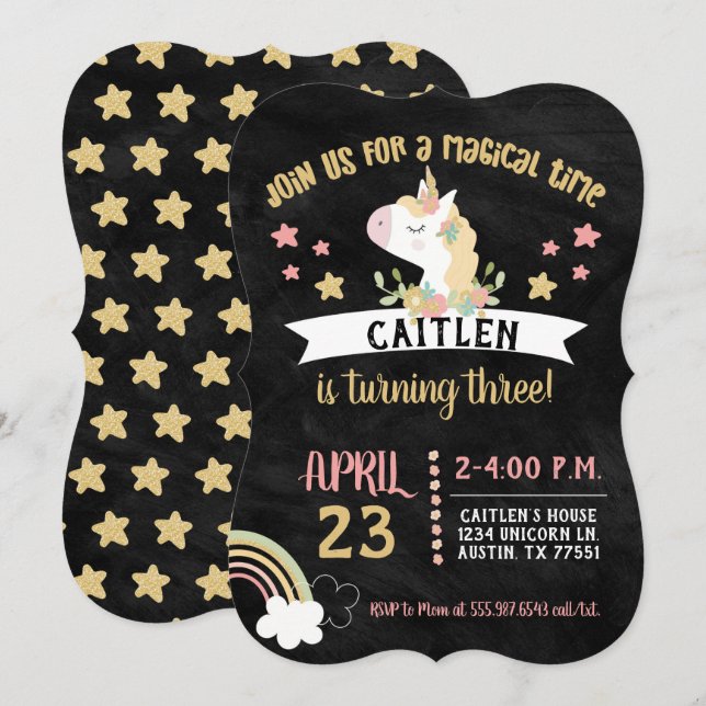Invitación Cartel de la Fiesta de Cumpleaños de la Unicornio  (Anverso / Reverso)