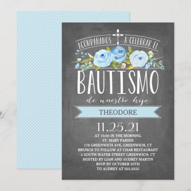 Invitación Cartel de la pancarta azul Rosa | Bautismo español (Anverso / Reverso)