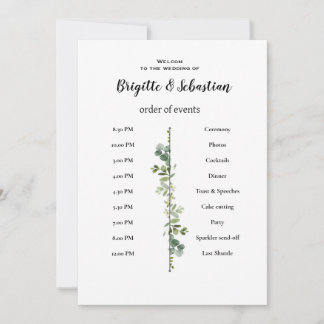Invitación cartel de orden del día para boda rústica blanca
