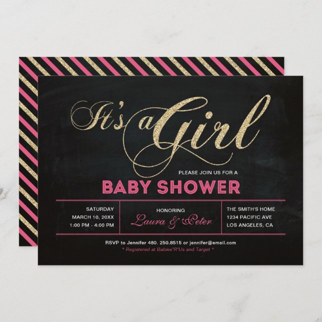 Invitación Cartel de oro | Chica de tipografía Baby Shower (Anverso / Reverso)