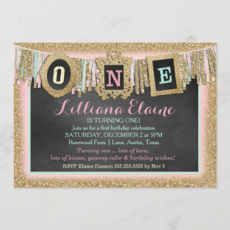 Invitación Cartel de primer cumpleaños del Purpurina de oro