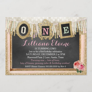 Invitación Cartel de primer cumpleaños del Purpurina de oro d