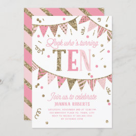 Invitación Cartel de Purpurina Rosado y Oro 10 cumpleaños