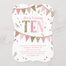 Invitación Cartel de Purpurina Rosado y Oro 10 cumpleaños