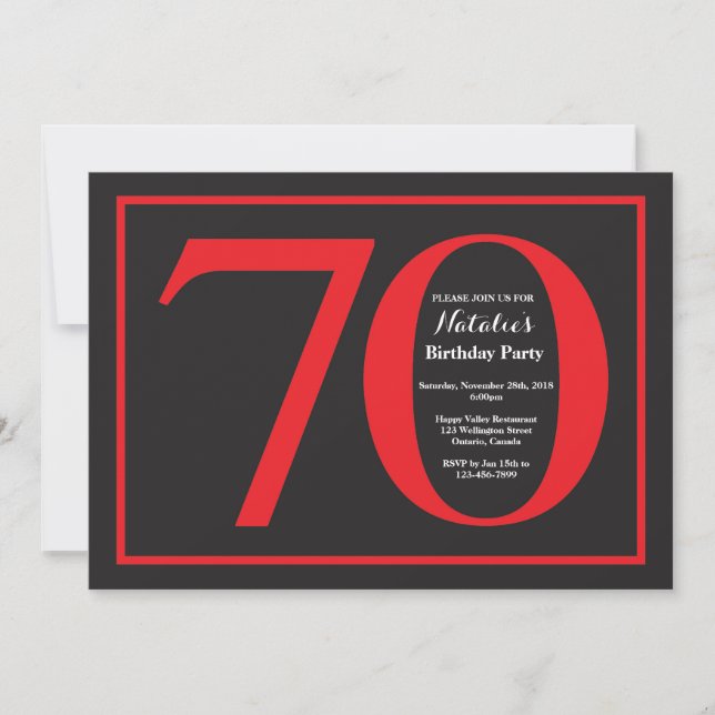 Invitación Cartel rojo y negro de cumpleaños número 70 (Anverso)